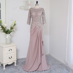 2018 Waishidress Pink Chiffon Mother of the Bride Wedding Dresses långa ärmar Lace Mother of the Groom Dresses mantel Kvällsklänningar 313A