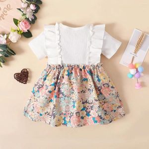 Vestidos de menina Hibobi One Piece Girls Algodão Algodão Cute Manga curta Bloco de cores Floral Ruffle Bow Decorative Dress for Baby