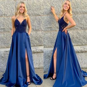 Neue sexy Royal Blue A Line Prom Kleider Spitze Applikze bodenlange Hochseiten -Spaghetti -Gurt Applizes formelle Kleider Abendkleid 219t