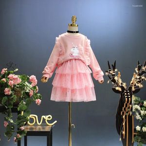 Clothing Sets Children's Wear 2024 Autumn Girls' Cartoon Long Sleeved Sweater With Mesh Skirt Two Piece Set