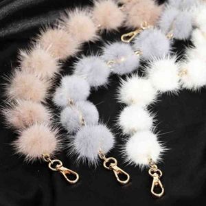 Replacement Bag Strap Real Mink Fur Ball Pompom Handbag Shoulder Handle for Women Purse Belts Charm Winter Accessories R35 Q0630 275d