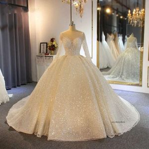 Sparkling Ball Gown Dresses Long Sleeve Princess Puffy Wedding All Sequined Dress Vestido De Noiva Bridal Gowns 0510