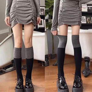 Women Socks Korean Color Matching Stockings Autumn Winter Black Grey Panel Breathable High Sleeve Thigh Harajuku