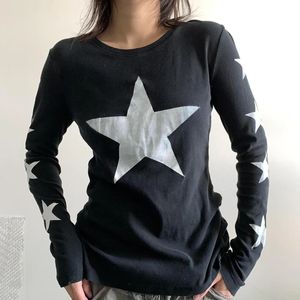 Y2K Vintage Dark Academia Grunge Star Print T-shirt E-Girl Gothic Long Sleeve Sweats Tees Retro Autumn Spring Black Crop Tops 240510
