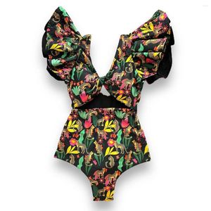 Costumi da bagno femminile vintage nero stampa animale da bagno con un pezzo groviglio 2024 donne sexy push up costume da bagno surf abbigliamento da spiaggia surf