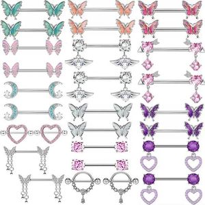 Nipple Rings 1Pair Green Butterfly Nipple Piercing Jewelry 14G Pink Heart Nipple Rings for Women Flower Nipple Piercing Barbell Pezon Mujer Y240510