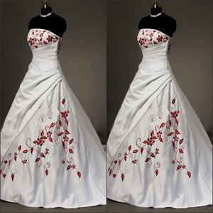 Weiße satinrot gestickte Brautkleider Plus Größe Ballkleid für Braut 2022 trägerlose Schnürfalten drapierte Vintage-Hochzeitskleider 329n