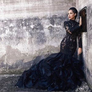 Abiti da sposa in pizzo della sirena nera con maniche lunghe con increspatura del collo alto femmina abiti da sposa non bianchi con couture a colori personalizzati 218b