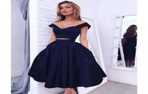 Cheapest Litte Black Graduation Dresses Graceful Two Pieces Deep V Neck Off The Shoulder A Line Short Homecoming Dresses 8787003