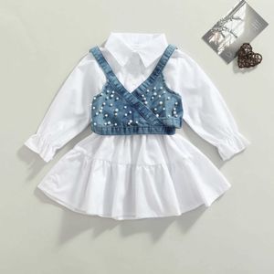 女の子のドレス女の赤ちゃん2pcs a-lineシャツドレス長袖デニムビーズベストパールデコールソリッドサマー衣類セット1-6 yearl240508