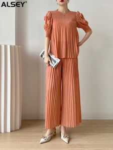 Women's Two Piece Pants ALSEY Miyake Pleated Spring Casual Solid Color Suit Short Sleeve Top And Wide Leg Sets For Women