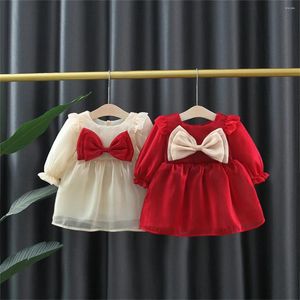 Vestidos de menina vestido de manga longa de bebê de 0 a 3 anos de idade, princesa natal de Natal edição coreana de arco sólido
