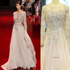 Elie Saab z koralikami Szyfonowe Prom A-Line Backless Backless Evening Event Gowns Crystal Sheer Sect Sukienki 0510