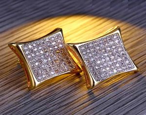 Mens Luxury Hip Hop Jewelry Bling Square Shaped Iced Out Gold Diamond Stud Earrings Wedding Earrings Gift3945111