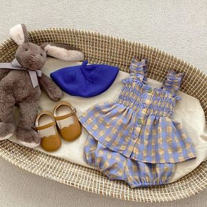 ミランセル2pcs幼児の女の女の子の服セットキッズ格子縞のガードルウエストキャミソールシャツとブルーマー幼児プリンセススーツ03Y240507