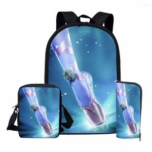 Backpack Creative Dance Ballet Shoe Dancer Stampa 3D 3PC/set di borse per la scuola di pupilla Laptop Daypack Case a matita con spalla inclinata