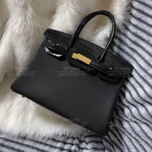 12A Mirror Quality Luxury Classic Designer Bag Woman Handbag All Handmade äkta läder lapptäcke krokodil svart 30 cm stor kapacitet tote clashing färger väska