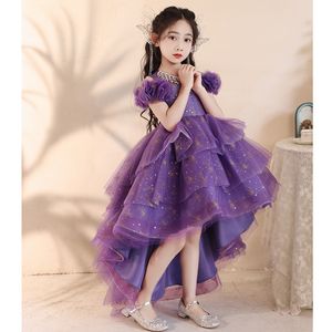 Luxury Flower Girl Dresses 2024 Purple Lace Appliques Ruffles Tiered Kids Pageant Ball Balls For Girls Vestidos Luscious kjol Birthday Wed Party Kids Bridesmaid