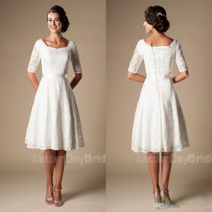 Short Wedding Dresses with Sleeves Modest Vintage 1920s' Lace Knee-length Outdoor Reception Informal Bridal Wedding Dress Budget C 307m