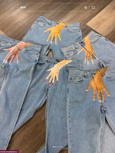 Męskie dżinsy Harajuku ręcznie robione dżinsy drukowane graficzne hafty streetowe Y2K ciasne dopasowane męskie spodnie Women Wysoka szerokość Q240509
