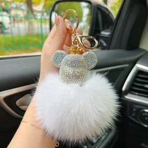 Keychains Lanyards Creative Diamond-Errusted Bear Keychain Fox Fur Car Key Chain Bag Pendant Fashion Small Gift J240509