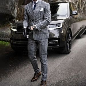 Grey Striped Suits For Mens Slim Fit Double Breasted Formal Business Blazer 2 Piece Set Jacket Pants Terno Masculinos Completo 240429