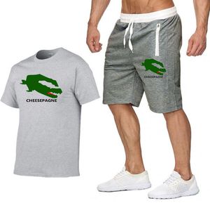 Summer Men's Clothing Två stycken Set Mens Casual Brand Tracksuit Men Print Kort ärmuppsättningar Mens 100% bomullsgrå T-shirt Shorts Fitness Sportwear