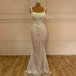 Luksusowe sukienki ślubne syreny 2024 Pasek spaghetti perły koralikowe cekinowe podłogę długość ślubna ślubna sukienki vestidos de noiva