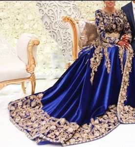 Королевские голубые марокканские кафтан -кафтан мусульманские вечерние платья Aline Long Ryeves Appliques Dubai Arabic Turkey Abaya Islami2433293