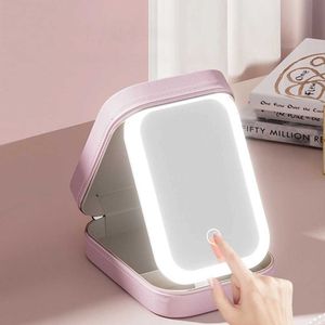 Kompakta speglar Makeup Mirror med LED Light Portable Travel Cosmetics Storage Box Organizer 3 Justerbar ljusstyrka Fällbara gåvor Q240509