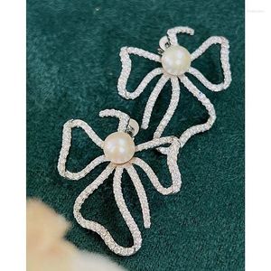 Stud Earrings S925 Silver Flower Bow Set With Natural Pearl 6mm Fashionable And Elegant Earring Jewelry