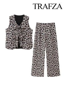 Damen zweisteuelhafte Hosen Trafza Frauen Mode 2 Set Vintage Leopardenmuster Dekoration Ärmel und Nacken -Tanktischs Lose Casual Reißverschluss lang