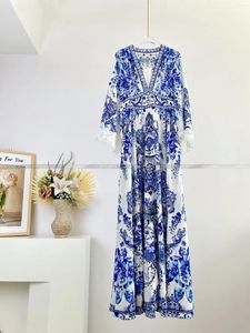 Casual Dresses Women V Neck Crystal Pärlad flare Sleeve Lace Patchwork Blue and White Porcelain Print Maxi Long Silk Dress