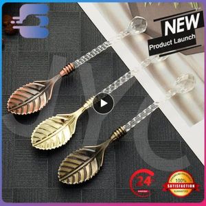 Coffee Scoops Cake Spoon Zinc Alloy Crystal Head Carved Leaf Kitchen Utensils Mixing Acrylic Leaves Ice Cream