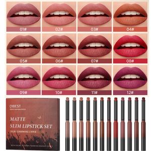 Qi 12 Colors Matte Hipstick Pen Set Velvet Nude Hipstick Pencil Sexy Red Brown Pigmes Lipes Makeup Lasting Lip Tint 240506