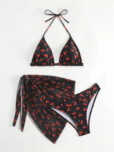 Kvinnors badkläder svart körsbär bikini sträng triangel sexig baddräkt thong mesh cover-up tredelade kvinnor bikinis strand baddräkt