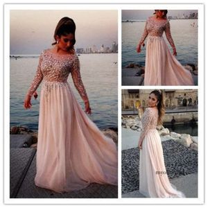 Trend Long Sleeve Evening Gowns Sequined Beads Chiffon Prom Dresses Vestidos De Festa Formal Party Gown For Graduation Scoop Vestidos 0510