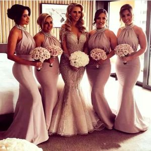 Blush Pink Mermaid Bridesmaid Dress Beads Sequins Halter Evening Wear Country Maid Of Honor Dresses Low Back Sexy Prom Party Gowns BM02 3046