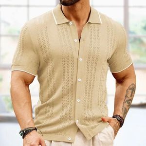 Erkek Polos Light Lüks Düğme Düzenli Eğlence Örme Gömlek Yaz İnce Retro Katı Kısa Kollu Tee Moda Patchwork Örgü