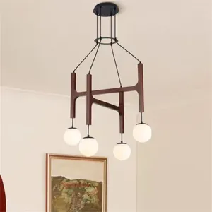 Chandeliers Porada ASTRA Wood Chandelier Retro Multi Head Milk Glass Light Minimalist Restaurant Living Room Dining Linear Hanging Lamp