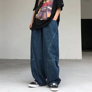 Japonês Jeans de grandes dimensões Moda Moda Baggagem Cor Solid Casual Stitching Troushers Street Straight Harajuku Denim calças 240430