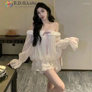 Casual Dresses EDGLuLu Spring Outfits Women 2024 V-Neck Bow Off Shoulder Long Sleeved Mini Dress Elegant Sweet Flare White 0417