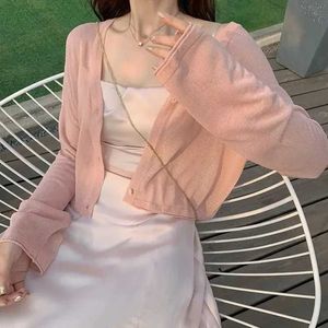 Kvinnor stickar tees tunn cardigan tröja med blommiga knappar för kvinnor sommar söt koreansk mode och mode sagor kawaii ins grundläggande stickad jacka rosa g