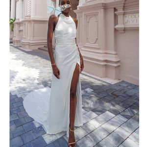 신부를위한 패션 인어 웨딩 드레스 섹시한 하이 분할 고삐 네크 라인 새틴 레이스 신부 가운 나이지리아 환상 디자이너 드레스