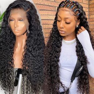 Siyah renk gevşek derin dalga Afrika insan saç perukları 22 ila 30 inç şeffaf sentetik kıvırcık dantel ön peruk kadınlar için kızlar bedava