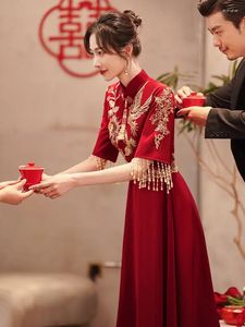 エスニック服中国の結婚式チョンサムビンテージエレガントトーストモダンイブニングパーティーガウンマンダリンカラーブライダルQIPAOドレス