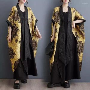 Kvinnors dike rockar kinesisk stil blomma tryck mörk casual lös bat ärm elegant chic cardigan coat 2024 vårkläder överdimensionerad k965