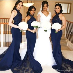 2022 New Sexy Dark Navy Bridesmaid Dresses Mermaid Halter Neck with Lace Maid of Honor Gowns Sleeveless Long Formal Wedding Guest Dress 276C