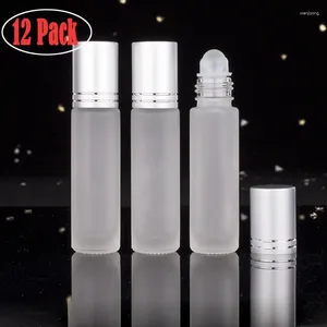 Lagringsflaskor 12 Pack 10 ml tom rull på flaska Essential Oil Parfym Roller Cream Lip Containers med silverlock