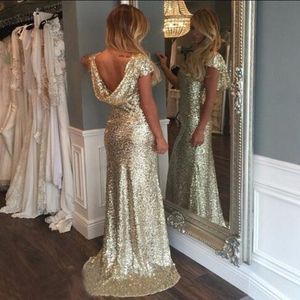 New Arriva Gold Sequined Sheath Cap Sleeveless Long Bridesmaid Dresses for Wedding Party In Stcok Prom Dresses 308R